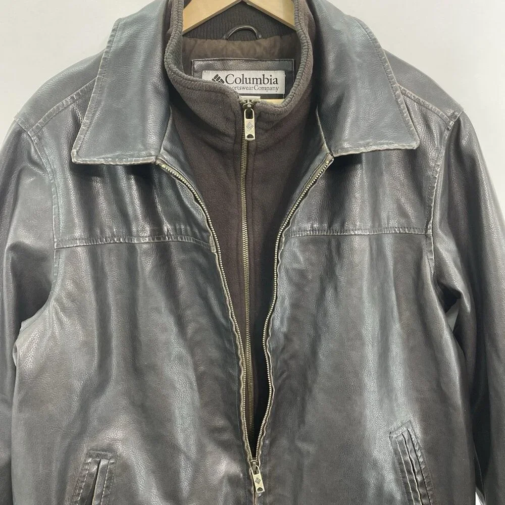 Columbia Faux Leather Bomber Jacket Aviator Distressed Full Zip Brown Mens L